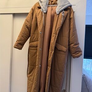 Tan Quilted Long Puffer Trench Coat with Gray Hood
